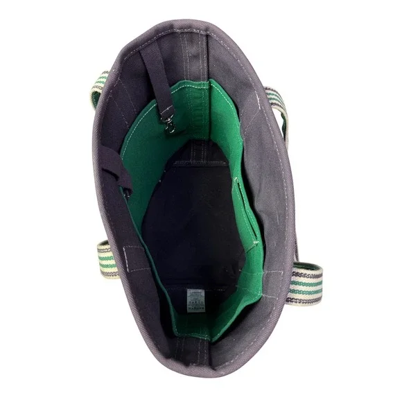 Lands End Canvas Tote Bag Navy Blue Green Cotton Open Top Pocket Key Clip 12in - Picture 4 of 10